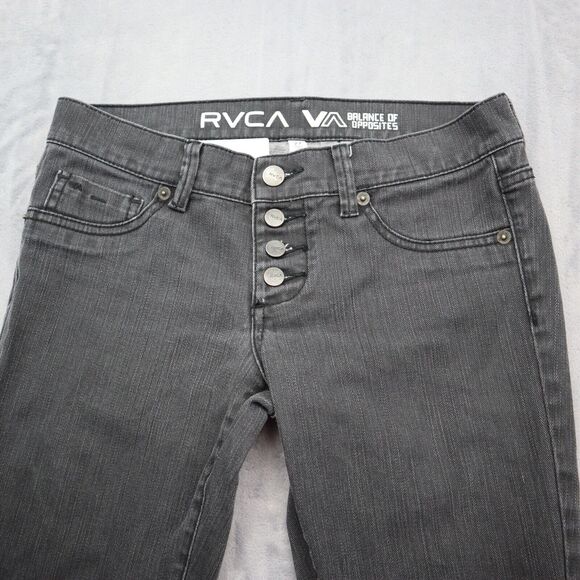 RVCA Pants Womens 27 Black Low Rise Single Row Button Straight Leg Denim Jeans - Picture 8 of 16